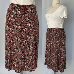 Christopher & Banks Midi Skirt Size 16 Brown Pink Ditsy Floral Button Cottage